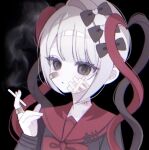  1girl bandaid bandaid_on_face black_background black_bow black_eyes black_hair black_shirt blonde_hair bow chouzetsusaikawa_tenshi-chan chouzetsusaikawa_tenshi-chan_(dark_angel) cigarette commentary hair_bow highres holding holding_cigarette long_hair multiple_hair_bows neckerchief needy_girl_overdose quad_tails red_hair red_neckerchief red_sailor_collar sailor_collar scar scar_on_neck shirt simple_background solo symbol-only_commentary ttede_(0984mony) upper_body very_long_hair 
