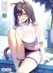  1girl :d absurdres animal_ears artist_name barefoot black_hair blue_buruma blue_eyes bra bra_visible_through_clothes breast_press breasts bucket buruma cameltoe cat_ears cat_girl cat_tail chain-link_fence colored_inner_hair day dengeki_moeoh fang fence foot_out_of_frame gym_shirt gym_uniform hair_between_eyes hand_up highres holding holding_hose hose knee_up large_breasts light_blush long_hair looking_at_viewer magazine_scan midriff multicolored_hair navel open_mouth original outdoors panty_straps parted_bangs poolside raised_eyebrows scan see-through_cleavage see-through_clothes see-through_shirt shiny_skin shirt short_sleeves sidelocks sitting smile solo sunlight tail teeth thigh_strap thighs third-party_source tied_shirt translation_request underwear upper_teeth_only water wet wet_clothes wet_hair wet_shirt white_bra white_shirt yatanukikey 