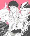  3boys bandaged_arm bandages beanie braid braided_bangs buzz_cut closed_eyes commentary_request crew_cut danganronpa_(series) danganronpa_2:_goodbye_despair greyscale greyscale_with_colored_background hair_slicked_back hat high_collar jacket jumpsuit kuru_(kzyr) kuzuryu_fuyuhiko lightning_bolt_print limited_palette long_hair looking_at_viewer male_focus monochrome multicolored_hair multiple_boys pink_background pinstripe_pattern pinstripe_suit scar scar_across_eye scar_on_face scarf sharp_teeth short_hair smile soda_kazuichi suit tanaka_gundham teeth two-tone_hair upper_body v very_short_hair 