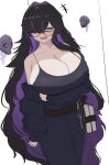  1girl absurdres black_cardigan black_dress black_hair blush book breasts cardigan cleavage colored_inner_hair commentary dress english_commentary glasses goddess_of_victory:_nikke hair_over_one_eye highres huge_breasts key label_(nikke) long_hair multicolored_hair nykaani open_mouth purple_eyes purple_hair skull smile solo two-tone_hair very_long_hair white_background 