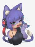  1girl animal_ear_fluff animal_ears black_shirt blue_gem blush bob_cut body_fur borrowed_character bra_strap cat_ears cat_girl claws commentary cropped_torso dated english_commentary fang furry furry_female gem gem_hair_ornament green_eyes hair_ornament highres one_eye_closed open_mouth original porforever purple_fur purple_hair red_gem shirt simple_background single_bare_shoulder slit_pupils solo tassel white_background yawning 