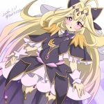  1girl antenna_hair black_bow black_capelet blonde_hair bow capelet commentary_request cure_arcana_shadow dress frills hair_intakes heart highres hissa_yossa jewelry long_hair looking_at_viewer meitantei_precure! moria_ruruka open_mouth precure purple_eyes signature wrist_cuffs 