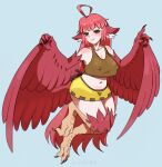  1girl absurdres ahoge animal_ears bird_ears bird_legs bird_tail blush borrowed_character breasts brown_eyes brown_tank_top cleavage coco_(eogks) commentary covered_nipples english_commentary feathers grey_background harpy highres large_breasts long_hair midriff monster_girl navel original plump red_feathers red_hair red_wings simple_background skirt solo tail talons tank_top twitter_username unreal_fish very_long_hair winged_arms wings yellow_skirt 