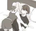  1boy 1girl 46isky21 ahoge all_fours bare_shoulders blanket blush bow braid breasts closed_mouth commentary_request fate/extra fate_(series) from_behind greyscale hair_between_eyes hair_bow hair_bun hand_up hetero indoors kishinami_hakuno_(male) looking_at_another looking_up medium_breasts monochrome nero_claudius_(fate) nero_claudius_(fate/extra) on_bed pants pillow shirt short_hair short_sleeves shorts sidelocks single_braid sweatdrop t-shirt tank_top 