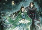  2boys absurdres bamboo bamboo_forest bamboo_print black_hanfu chair chinese_clothes closed_mouth cobblestone commentary_request cup curtained_hair feet_out_of_frame floating_clothes floating_hair forest from_above green_eyes half_updo hand_fan hanfu highres holding holding_fan jug_(bottle) lantern layered_sleeves light_particles long_hair long_sleeves looking_at_viewer luo_binghe male_focus multiple_boys nature night outdoors paper_lantern parted_bangs red_eyes renzha_fanpai_zijiu_xitong ribboned_xiao_guan shen_qingqiu sky_lantern sleeves_past_fingers sleeves_past_wrists standing table tray very_long_hair wide_sleeves yunchuan_1013 zuiyin 