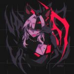  1girl animal_ear_fluff animal_ears black_background black_hair black_jacket blunt_bangs breasts cleavage commentary cropped_torso english_commentary fang grey_hair hair_intakes hand_up highres jacket large_breasts long_hair long_sleeves looking_at_viewer multicolored_hair open_mouth original red_eyes sanpaku shaded_face solo st41nn two-tone_hair vampire 