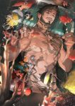  1boy abs absurdres air_bubble animal arms_up beard brown_eyes brown_hair bubble commentary dragon_tattoo english_commentary facial_hair fish highres lucas_(lee37124) male_focus mustache nipples nude original parted_hair pectorals seaweed tattoo water 