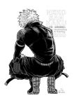  000me_no0002 1boy bakugou_katsuki blonde_hair boku_no_hero_academia commentary from_behind full_body greyscale highres male_focus monochrome shoe_soles simple_background solo spiked_hair squatting superhero_costume symbol-only_commentary tiptoes watermark white_background 