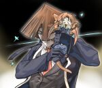  2boys animal animal_ears animalization arthropod_limbs bamboo-hatted_kim bandage_over_one_eye beard_stubble black_coat black_gloves black_jacket blue_eyes blue_jacket brown_hair cat cat_ears cat_tail coat commentary facial_hair g_corp._(identity)_(project_moon) gloves glowing glowing_eyes grabbing_another's_stomach gregor_(project_moon) hat highres holding holding_animal holding_cat jacket jingasa lapels limbus_company male_focus multiple_boys necktie notched_lapels pants project_moon red_necktie scar scar_on_face shirt shoggoth_(sirens20211) short_hair sparkle stubble suit_jacket symbol-only_commentary tail torn_clothes torn_hat upper_body white_shirt white_trim wings 