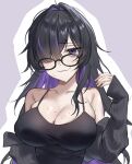  1girl bags_under_eyes bare_shoulders black-framed_eyewear black_cardigan black_dress black_hair blush breasts cardigan cleavage closed_mouth collarbone colored_inner_hair commentary_request dress glasses goddess_of_victory:_nikke hair_over_one_eye highres hitsuji_(sheep_tamura) label_(nikke) large_breasts long_hair looking_at_viewer mole mole_on_breast multicolored_hair one_eye_covered purple_eyes purple_hair ring_light_reflection simple_background smile solo sweat very_long_hair 