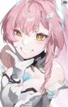  1girl aemeath_(wuthering_waves) bare_shoulders breasts cleavage commentary gloves hair_ornament highres hiro_henuri long_hair looking_at_viewer medium_breasts one_eye_closed pink_hair smile solo star-shaped_pupils star_(symbol) symbol-shaped_pupils tacet_mark_(wuthering_waves) v white_gloves wuthering_waves yellow_eyes 