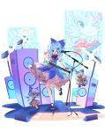  3girls :3 absurdres black_shoes blue_bow blue_dress blue_eyes blue_hair blue_skirt blue_vest bow bowtie chibi chinese_commentary cirno commentary_request detached_wings dress flower full_body guitar hair_bow highres holding holding_guitar holding_instrument ice ice_wings instrument mary_janes microphone multiple_girls multiple_persona neck_flower open_mouth pinafore_dress plant puffy_short_sleeves puffy_sleeves red_bow red_bowtie shirt shoes short_sleeves single_wrist_cuff skirt sleeveless sleeveless_dress smile socks speaker standing standing_on_one_leg sunflower tan tanned_cirno touhou v vest vines white_shirt white_socks wings wrist_cuffs wuzeiiezuw yellow_flower 