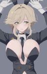 1girl ade_(agent_bunny)_(nikke) ade_(nikke) animal_ear_hairband animal_ears arms_up between_breasts black_choker black_jacket black_leotard black_necktie blonde_hair blush braid breasts bun_with_braided_base choker cleavage clothing_cutout commentary_request earpiece fake_animal_ears gloves goddess_of_victory:_nikke green_eyes grey_background hair_between_eyes hair_bun hair_intakes hair_ornament hairband highres jacket kariginu_(gureviyo582) large_breasts leotard long_sleeves looking_to_the_side navel_cutout necktie necktie_between_breasts official_alternate_costume parted_lips playboy_bunny rabbit_ear_hairband rabbit_ears sidelocks simple_background solo standing sweatdrop swept_bangs undersized_breast_cup upper_body white_wrist_cuffs wrist_cuffs 