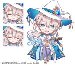  1girl :d blue_eyes blue_hair blue_nails bodysuit book boots brown_hair chibi closed_eyes closed_mouth clothing_cutout commentary_request copyright_request glasses gradient_hair grey_bodysuit hat heart_cutout jacket karokuchitose long_hair long_sleeves low_ponytail multicolored_hair multiple_views nail_polish official_art open_book ponytail puffy_long_sleeves puffy_sleeves simple_background smile very_long_hair white_background white_boots white_hat white_jacket witch_hat 