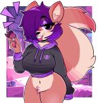 4_fingers anthro bedroom_eyes big_breasts big_pupils big_tail biped black_choker black_clothing black_hoodie black_jewelry black_necklace black_topwear blush blush_lines bottomless breasts brown_body brown_fur choker clothed clothing colored_nails countershade_torso countershading crotch_tuft ear_piercing emanata female fingers fur hair hi_res hoodie jewelry mammal nails narrowed_eyes necklace piercing pupils purple_eyelids purple_eyes purple_hair purple_nails rodent sciurid seductive short_hair solo standing tail tan_body tan_countershading tan_fur tongue tongue_out topwear tree_squirrel tuft wireless_shiba