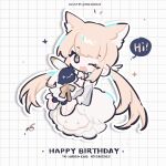  1girl ;d animal_ears blonde_hair bow bowtie cat_ears cat_girl chibi chibi_only commentary dated dress english_commentary full_body grey_eyes grid_background happy_birthday highres long_hair long_sleeves looking_at_viewer low_twintails moroo one_eye_closed open_mouth original rabbit smile solo speech_bubble twintails twitter_username white_background white_bow white_bowtie white_dress 