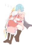  2girls absurdres bat_wings blonde_hair blue_hair boots brown_boots commentary_request crystal crystal_wings flandre_scarlet frilled_skirt frills highres hug kutabiretainu multicolored_wings multiple_girls no_headwear pink_shirt pink_skirt pointy_ears red_skirt red_vest remilia_scarlet shirt short_sleeves siblings simple_background sisters sitting sitting_on_lap sitting_on_person sketch skirt skirt_set sleeping touhou twitter_username vest white_background wings wrist_cuffs zzz 