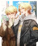  2boys black_jacket blonde_hair brown_jacket candy commentary_request food glasses hand_in_pocket highres holding holding_candy holding_food holding_lollipop holding_phone hood hood_down hoodie jacket lollipop looking_at_phone male_focus mimimika_93 multiple_boys official_alternate_costume official_alternate_hairstyle open_mouth phone project_sekai tenma_tsukasa turtleneck white_hoodie yellow_eyes zozotown 