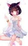  1girl a1u absurdres alternate_costume animal_ears barefoot black_hair blue_archive blush breasts cat_ears cat_girl colored_inner_hair commentary cup dress drinking_glass earrings extra_ears foot_out_of_frame grey_halo hair_ornament hairclip halo hand_up highres jewelry kazusa_(blue_archive) looking_at_viewer multicolored_hair open_mouth pink_hair revision short_dress short_hair simple_background sitting small_breasts solo spread_toes strap_slip toes white_background white_dress wine_glass 