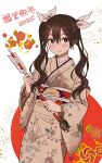  1girl 2026 absurdres arrow_(projectile) brown_eyes brown_hair brown_kimono commentary english_commentary floral_print hair_between_eyes hamaya hieda_(hiedanoaqn) highres holding holding_arrow japanese_clothes kantai_collection kimono long_hair new_year obi sash solo tone_(kancolle) twintails 