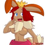 1:1 anthro blue_eyes breasts brown_body brown_fur clothed clothing crown darkheidden eevee female fur generation_1_pokemon headgear hi_res long_ears mammal nintendo open_mouth pokemon pokemon_(species) queen royalty simple_background smile solo topless white_background