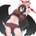  1girl black_hair black_wings blue_archive blush bra breasts closed_eyes commentary hair_between_eyes halo hasumi_(blue_archive) highres huge_breasts long_hair long_hair_between_eyes low_wings navel nikrop plump red_bra red_halo red_shorts shorts solo sports_bra stretching thighs underwear very_long_hair wings 