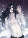  1boy abs arm_up black_hair black_pants collared_shirt commentary_request electricity electrokinesis evil_smile facing_viewer hair_over_one_eye long_hair male_focus mh31_654 michael_roa_valdamjong navel open_clothes open_fly open_shirt pants pectorals red_eyes sharp_teeth shirt sketch smile teeth tsukihime vampire wavy_hair white_shirt 