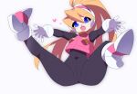  1girl black_bodysuit blue_eyes bodysuit ciel_(mega_man) commentary_request full_body gloves heart high-waist_skirt high_ponytail kaidou_zx long_hair mega_man_(series) mega_man_zero_(series) midair open_mouth pink_shirt pink_skirt ponytail shirt simple_background skirt solo white_background white_gloves 