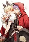  2boys animal_ears bite_mark blonde_hair blush commentary_request fake_animal_ears fingernails heart highres kamishiro_rui long_fingernails long_sleeves looking_at_another male_focus mimimika_93 multiple_boys project_sekai purple_hair red_hood short_sleeves tenma_tsukasa yaoi yellow_eyes 