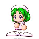  1girl artist_request clipboard copyright_notice earrings green_hair hat highres holding holding_clipboard jewelry jikkyou_powerful_pro_yakyuu jikkyou_powerful_pro_yakyuu_(style) katou_kyouko medium_hair no_mouth nurse nurse_cap official_art purple_eyes rayman_limbs shoes solo white_shoes 
