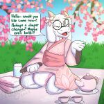 2023 4_fingers accessory ambiguous_gender anthro artist_name asian_clothing baby_powder bedding black_eyewear black_glasses blanket blurred_background bovid caprine cherry_blossom cherry_blossom_tree cherry_tree clean_diaper clothed clothing container cup darkner deltarune detailed_background dialogue diaper east_asian_clothing english_text eyes_closed eyewear fingers floppy_ears floral_print flower flower_in_hair folded_diaper fruit_tree fur glasses goat grass hair hair_accessory head_horn heart_symbol hi_res horn japanese_clothing kimono kneeling male_(lore) mammal open_mouth open_smile pink_clothing pink_horn pink_kimono plant prunus_(flower) ralsei sash shadyadi signature smile solo speech_bubble tea_cup tea_party teapot text tilde_after_text tree undertale_(series) url wearing_diaper wearing_glasses white_body white_fur
