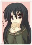  black_hair bread brown_eyes eating food melon_bread non-web_source school_uniform shakugan_no_shana shana solo 