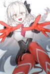  ahoge bow braid commentary_request corset crying crying_with_eyes_open eneuaws fate/grand_order fate_(series) gloves hair_bow highres long_hair necktie olga_marie_animusphere olga_marie_animusphere_(unbeast) open_mouth orange_eyes outstretched_arms red_gloves red_thighhighs tears thighhighs very_long_hair white_hair 