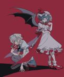  2girls absurdres apron ascot bat_wings between_fingers blue_eyes blue_hair bow braid collared_shirt commentary_request dee_(tannsumi) frilled_skirt frills grey_hair hand_up hat hat_ribbon highres holding holding_knife izayoi_sakuya knife knives_between_fingers maid maid_headdress mary_janes mob_cap multiple_girls puffy_short_sleeves puffy_sleeves red_ascot red_background red_bow red_eyes red_ribbon red_shoes remilia_scarlet ribbon shirt shoes short_hair short_sleeves simple_background skirt skirt_set touhou twin_braids wings 