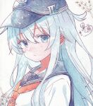  1girl anchor_symbol blue_eyes fantasydolce flat_cap from_side grey_hair hat hibiki_(kancolle) highres kantai_collection long_hair looking_at_viewer looking_to_the_side neckerchief one-hour_drawing_challenge red_neckerchief sailor_collar school_uniform serafuku signature solo upper_body 