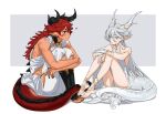  2girls ahoge baesong black_horns black_nails blush bridal_gauntlets collarbone commentary_request curled_horns dragon_horns dragon_tail grey_hair gundam gundam_suisei_no_majo heart horns hugging_own_legs kemonomimi_mode korean_commentary long_hair looking_at_another miorine_rembran multiple_girls nail_polish pointy_ears red_hair sitting suletta_mercury tail tan toenail_polish toenails toes very_long_hair white_bridal_gauntlets white_horns 