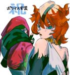  1boy 1girl atticus_(pokemon) black_lips blonde_hair_roots blue_eyes choker collar colored_eyelashes colored_sclera commentary covered_face fiery_clothing highres kuji-in looking_at_viewer mela_(pokemon) multicolored_hair ninja ookiitora128706 orange_collar pokemon pokemon_masters_ex pokemon_sv red_hair simple_background team_star twitter_username two-tone_hair white_background 