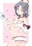  1girl ass bare_shoulders bikini blue_eyes bow breasts butt_crack commentary_request gloves grabbing_own_breast grey_hair hair_bow hat holding holding_syringe kinako_(mzknk0) large_breasts medium_hair micro_bikini nurse nurse_cap senran_kagura shuriken smile swimsuit syringe weapon white_gloves yumi_(senran_kagura) 