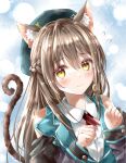  1girl absurdres animal_ear_fluff animal_ears aqua_hat ayaro_(genkiloobaii) bare_shoulders blue_background blush braid brown_hair cat_ears cat_girl cat_tail closed_mouth collared_shirt commentary_request crescent crescent_earrings earrings eyelashes flying_sweatdrops hair_between_eyes half_up_braid hands_up hat heaven_burns_red highres jewelry kemonomimi_mode long_hair long_sleeves looking_at_viewer military_hat ooshima_ichiko paw_pose shirt sidelocks simple_background single_earring sleeveless sleeveless_shirt smile solo split_mouth tail tail_raised upper_body white_shirt yellow_eyes 