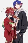  1boy 1girl amate_yuzuriha aqua_eyes blue_hair blush closed_mouth commentary_request couple gundam gundam_gquuuuuux hetero highres holding holding_paddle hood hoodie jacket japanese_clothes kimono long_sleeves looking_at_viewer multicolored_hair new_year o6nuqm obi paddle pants print_kimono red_eyes red_hair red_kimono sash shirt short_hair shuji_ito simple_background smile two-tone_hair white_background wide_sleeves 