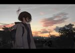  1girl absurdres backpack bag black_hair black_hoodie blue_archive blue_sky cloud coat commentary_request dusk evening from_side gradient_sky halo hetare_galm_sue highres hood hoodie letterboxed long_sleeves misaki_(blue_archive) orange_sky outdoors profile red_halo ring_of_light_(blue_archive) scenery short_hair sky solo standing star_halo tree utility_pole white_coat 