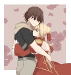 1boy 1girl 46isky21 ahoge back_cutout bare_back belt black_shirt blonde_hair blush border bow braid brown_eyes brown_hair closed_mouth clothing_cutout commentary_request cowboy_shot dress epaulettes fate/extella fate/extella_link fate/extra fate_(series) floral_background from_behind green_eyes grey_belt grey_pants hair_between_eyes hair_bow hair_bun hands_on_another's_back hands_up hetero highres hooded_shirt hug juliet_sleeves kishinami_hakuno_(male) long_sleeves looking_at_another nero_claudius_(fate) nero_claudius_(fate/extra) official_alternate_costume outside_border pants petals pink_background puffy_sleeves red_bow red_dress shirt short_hair short_sleeves sidelocks single_braid smile standing white_border wide_sleeves 