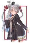  1girl absurdres amatsukaze_(kancolle) amatsukaze_kai_ni_(kancolle) black_dress brown_eyes commentary_request dress garter_straps gloves grey_hair grey_neckerchief hair_tubes hat highres kantai_collection leaning_forward long_hair long_sleeves looking_at_viewer mini_hat neckerchief sagoromo_04 sailor_collar sailor_dress short_dress single_glove smile smoke_heart smokestack_hair_ornament solo two_side_up white_background white_gloves white_sailor_collar 