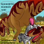 1:1 allosauroid anal anal_penetration animal_genitalia animal_penis animal_vulva anus bestiality bodily_fluids brown_body butt carcharodontosaurid carcharodontosaurus claws digital_media_(artwork) dinosaur dominant dominant_male english_text equid equine equine_anus equine_genitalia erection female female_penetrated feral feral_on_feral feral_penetrated feral_penetrating fuckermare fur genital_fluids genitals group group_sex hi_res interspecies male male/female male_penetrating male_penetrating_female mammal open_mouth penetration penile penis prehistoric_species puffy_anus reptile saurischian savanna scalie sex sharp_teeth smile smiling_at_another stripes tail teeth text theropod tongue trio zebra