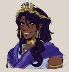  1boy alternate_hair_length alternate_hairstyle ancient_egyptian_clothes androgynous animification ankh ankh_earrings armlet bad_id bad_twitter_id bishounen black_hair braid braided_sidelocks brown_eyes cape cropped_shoulders crown dark-skinned_male dark_skin earrings eyeliner eyeshadow grin hair_between_eyes hair_tubes jewelry long_hair low_ponytail makeup male_focus minecraft_youtube necklace parkour_civilization ponytail purple_cape purple_eyeshadow purple_hair robe seawattgaming shewreckz simple_background sleeveless smile smokey_eyeshadow solo white_robe yellow_background 