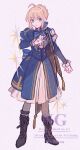  1girl ahoge armor artist_name artoria_pendragon_(fate) back_bow black_boots black_ribbon blonde_hair blue_bow blue_bowtie blue_dress blue_eyes boots bow bowtie braid breasts buttons clothing_cutout commentary_request dress fate/stay_night fate/unlimited_blade_works fate_(series) fingernails frills full_body grey_pantyhose hair_between_eyes hair_bow hair_bun hand_up hands_up high_heel_boots high_heels highres honkai:_star_rail honkai_(series) juliet_sleeves long_sleeves looking_to_the_side machi_(uqyjee) medium_breasts open_mouth pantyhose puffy_sleeves ribbon saber_(fate) saber_(honkai:_star_rail)_(fate) short_hair shoulder_armor sidelocks simple_background single_braid solo standing star_(symbol) striped_bow striped_bowtie striped_clothes tassel two-tone_dress watermark white_background white_dress 