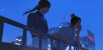 2boys absurdres against_railing black_hair blue_shirt blurry blurry_background cao_cao_(shin_sangoku_musou) cigarette city_lights collared_shirt contemporary hair_between_eyes hair_ribbon highres holding holding_cigarette lanyard long_hair looking_at_another male_focus multiple_boys on_rooftop p3ach0520 pants ponytail railing red_ribbon ribbon shin_sangoku_musou shin_sangoku_musou_origins shirt short_hair short_sleeves sidelocks smoking undershirt upper_body white_pants white_shirt xun_yu_(shin_sangoku_musou) 