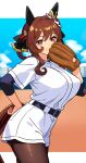  1girl absurdres alternate_costume animal_ears baseball_mitt belt belt_buckle black_belt black_pantyhose blue_sky border braid braided_hair_rings breasts brown_hair buckle closed_mouth cloud cloudy_sky commentary_request cowboy_shot ear_covers ear_ornament gentildonna_(umamusume) hair_between_eyes hair_intakes hair_rings hand_on_own_hip heart_ear_ornament highres horse_ears horse_girl horse_tail large_breasts letterboxed looking_at_viewer outside_border pantyhose red_eyes reibun_(raven1119) shirt short_shorts short_sleeves shorts sidelocks sky smile solo tail umamusume white_border white_shirt white_shorts 