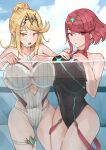  2girls absurdres black_one-piece_swimsuit blonde_hair blue_sky bob_cut breast_press breasts choker clothing_cutout commentary_request covered_navel cowboy_shot earrings gem green_gem highres hip_vent jewelry large_breasts long_hair looking_at_viewer multiple_girls mythra_(radiant_beach)_(xenoblade) mythra_(xenoblade) official_alternate_costume one-piece_swimsuit open_mouth parted_lips partially_submerged ponytail pyra_(pro_swimmer)_(xenoblade) pyra_(xenoblade) red_eyes red_hair short_hair sky strapless strapless_one-piece_swimsuit swept_bangs swimsuit thigh_strap tiara water wet white_choker white_one-piece_swimsuit xenoblade_chronicles_(series) xenoblade_chronicles_2 yellow_eyes yotsuha_uni 