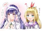  2girls :d ? apron ayaro_(genkiloobaii) blonde_hair blue_eyes blue_hair blunt_bangs blush clenched_hands closed_mouth clueless commentary_request cropped_torso double_bun downturned_eyes embarrassed eyes_visible_through_hair flying_sweatdrops frilled_apron frills green_ribbon hair_between_eyes hair_bun hair_ornament hair_ribbon hair_stick hairband hands_up heaven_burns_red highres kanzaki_adelheid long_hair looking_at_another looking_down low_twintails multiple_girls musical_note neck_ribbon open_mouth ponytail red_eyes red_ribbon ribbon satsuki_mari sidelocks simple_background smile speech_bubble split_mouth spoken_blush story_in_commentary teeth translation_request twintails upper_body upper_teeth_only v-shaped_eyebrows white_apron white_background white_hairband white_ribbon yuri 